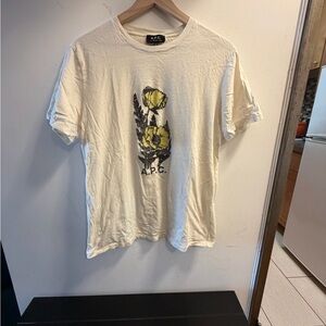 A.P.C. Men's Cream T-Shirt with Yellow and Black Floral Print